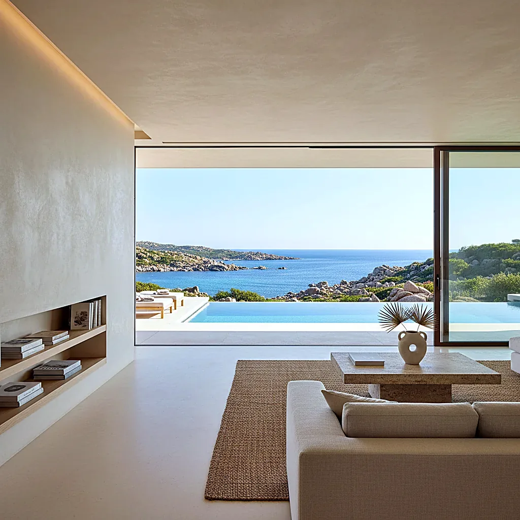 Interni minimal con vista mare in una villa del nord Sardegna